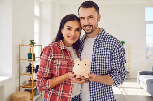 Happy young couple is holding piggy bank to save money